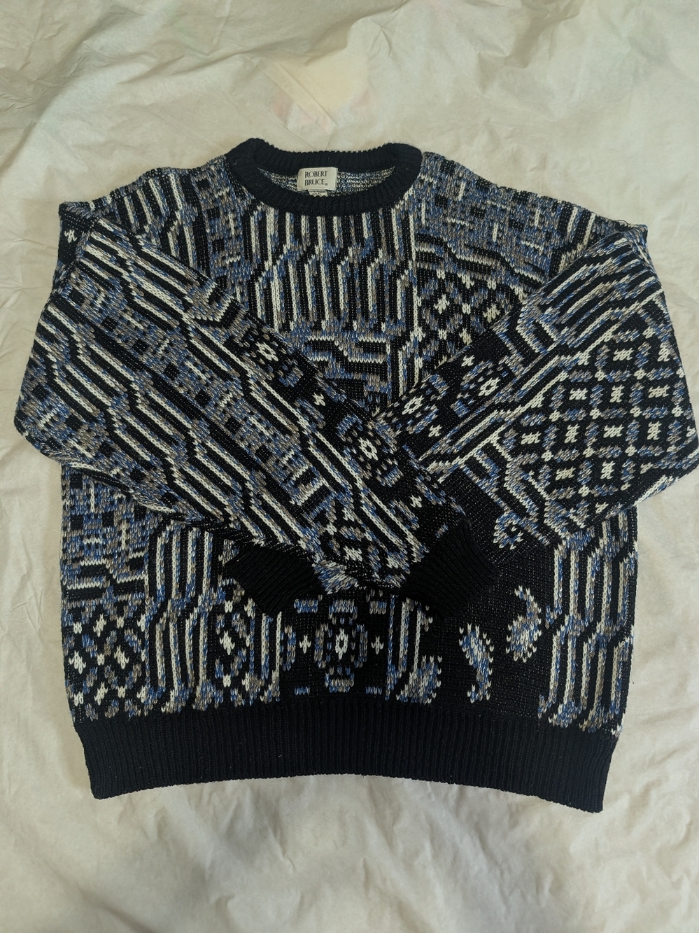 Robert Bruce Geometric Knit Sweater in Black & Blue Size XL